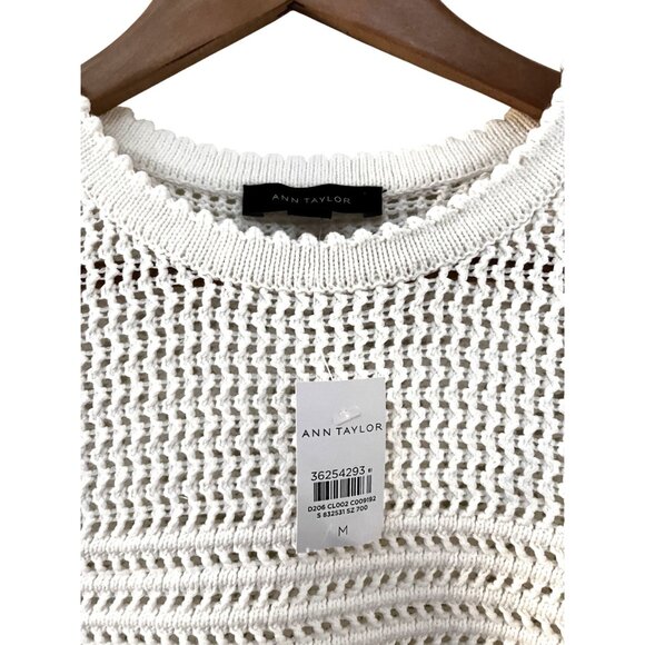 Ann Taylor Womens White Open-Knit Pullover Short Sleeve Sweater Medium - Picture 2 of 7